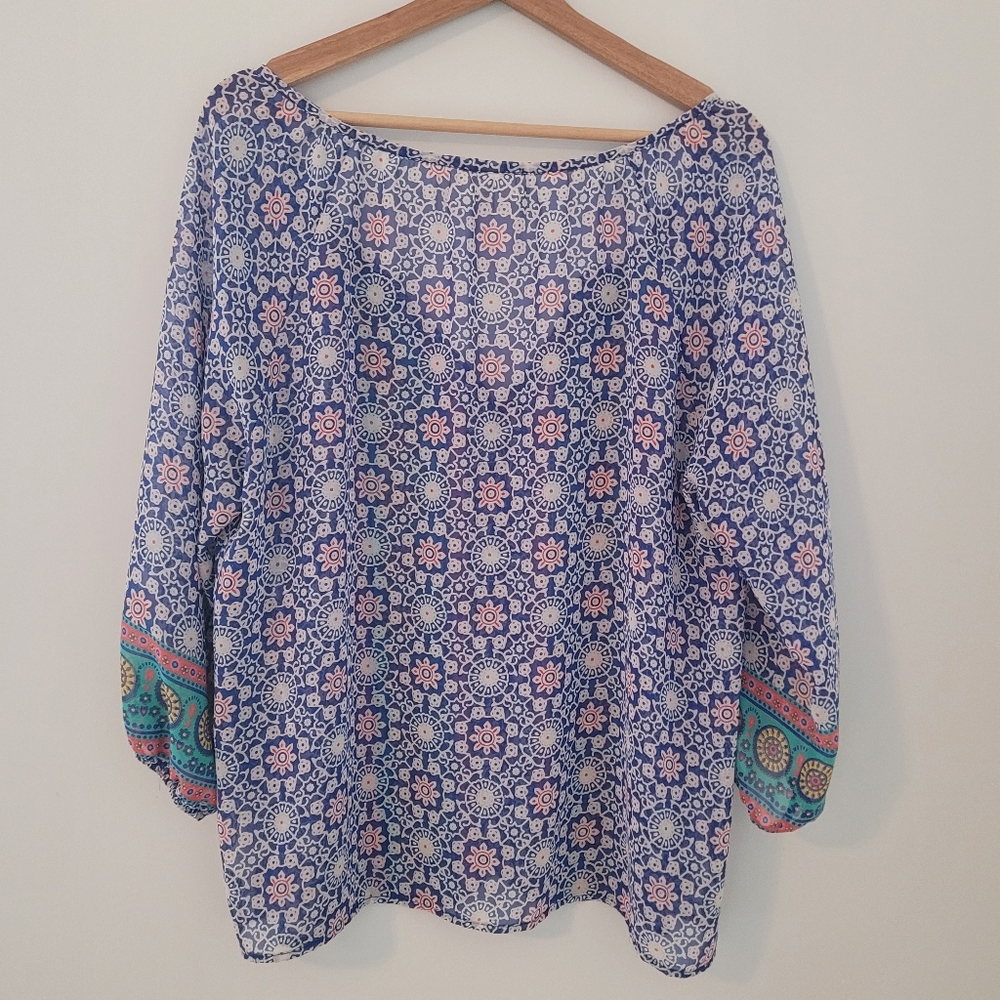 Everly Sheer Top Boho Flowy 3/4 sleeve Size large Multicolor - Picture 5 of 5